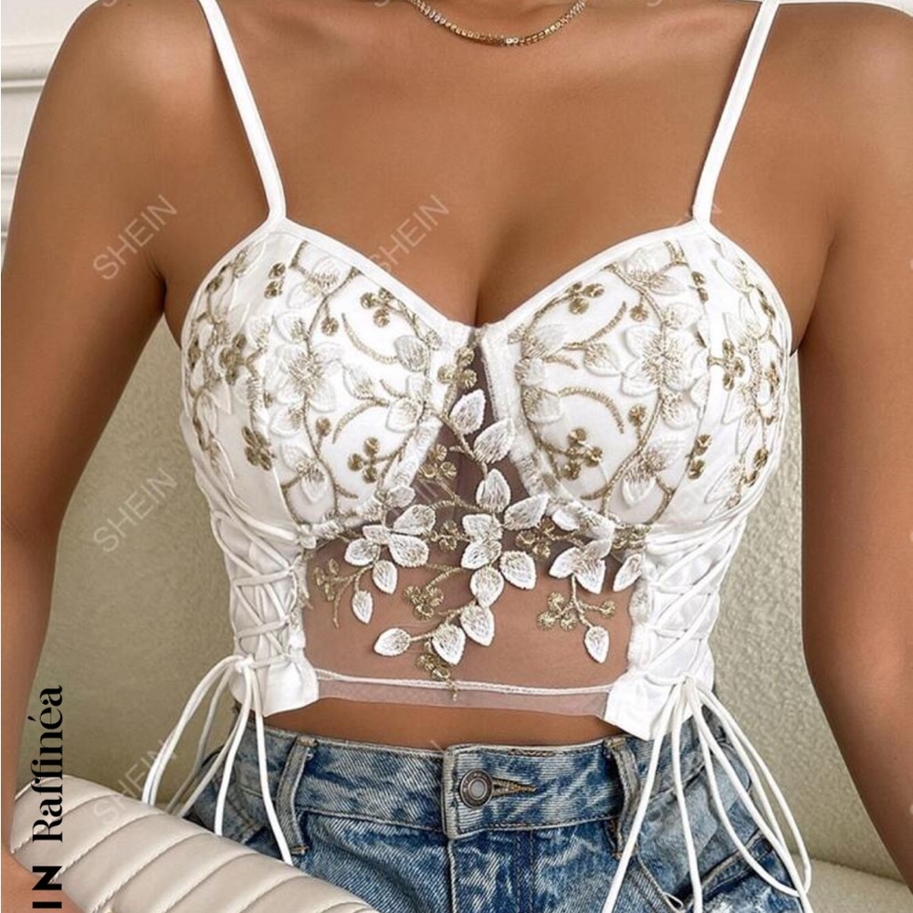SHEIN White Floral Embroidered Lace-Up Crop Top